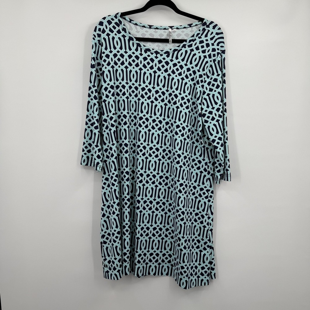 Lulu B Dress Womens XL Blue Geometric Trapeze Swing Knee Nylon Beach Travel